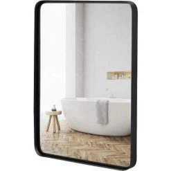 COSTWAY Grand Miroir De Salle De Bain Avec Cadre En Métal Noir, Miroir De Coiffeuse Mural Rectangulaire Arrondi Avec Cadre En Métal Noir Mat, Pour Salle De Bain, Couloir