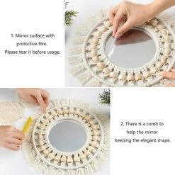 GGNRALNY Miroir Mural à Franges Avec Pendentif En Plumes De Perles De Bois Miroir Rond D'art Mural Pour Couloir De Chambre à Coucher Salon Décor à La Maison (Beige) -Miroir Soldes Boutique 67353714 4