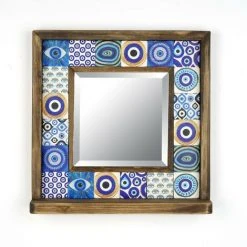 COTECOSY Miroir Mural Dallat L32,5xH33cm Bois Massif Motif Yeux Bleu - Bleu