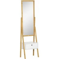 HOMCOM Miroir Sur Pied Avec Rangement Tiroir En Bambou Et MDF - Dim. 45L X 30l X 160H Cm - Blanc Et Naturel - Marron
