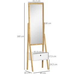 HOMCOM Miroir Sur Pied Avec Rangement Tiroir En Bambou Et MDF - Dim. 45L X 30l X 160H Cm - Blanc Et Naturel - Marron -Miroir Soldes Boutique 67535279 3