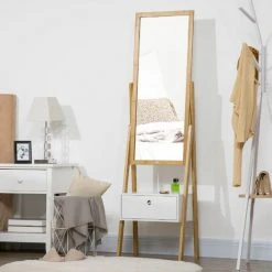 HOMCOM Miroir Sur Pied Avec Rangement Tiroir En Bambou Et MDF - Dim. 45L X 30l X 160H Cm - Blanc Et Naturel - Marron -Miroir Soldes Boutique 67535279 4