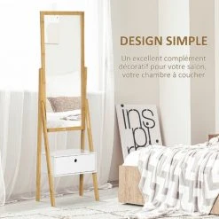 HOMCOM Miroir Sur Pied Avec Rangement Tiroir En Bambou Et MDF - Dim. 45L X 30l X 160H Cm - Blanc Et Naturel - Marron -Miroir Soldes Boutique 67535279 5