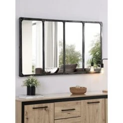 VENTE-UNIQUE.COM Miroir Fenêtre Industriel En Fer - L. 140 X H. 75 Cm - Noir Effet Vieilli - MAASTRICHT - Noir