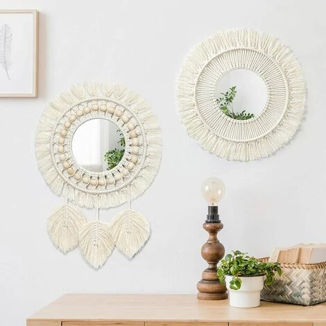 GRID COOL Miroir Mural à Franges En Avec Pendentif En Plumes De Perles De Bois Miroir Rond D'art Mural Pour Couloir De Chambre à Coucher Salon Décor à La Maison (m0403, M0404) 5 GRID COOL Miroir Mural à Franges En Avec Pendentif En Plumes De Perles De Bois Miroir Rond D'art Mural Pour Couloir De Chambre à Coucher Salon Décor à La Maison (m0403, M0404) – Image 3