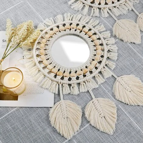 ENLENK Miroir Mural à Franges En Avec Pendentif En Plumes De Perles De Bois Miroir Rond D'art Mural Pour Couloir De Chambre à Coucher Salon Décor à La Maison (Beige) 5 ENLENK Miroir Mural à Franges En Avec Pendentif En Plumes De Perles De Bois Miroir Rond D'art Mural Pour Couloir De Chambre à Coucher Salon Décor à La Maison (Beige) – Image 3