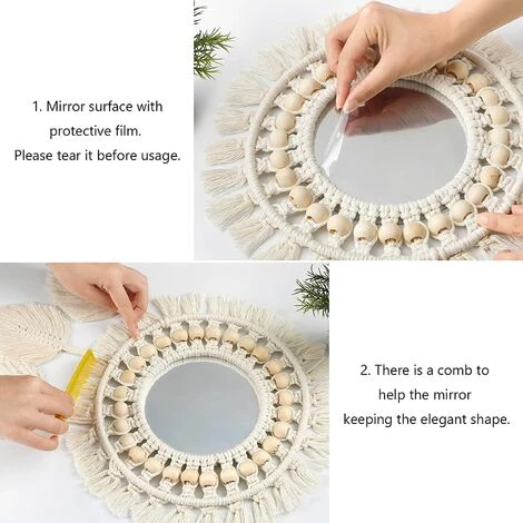 ENLENK Miroir Mural à Franges En Avec Pendentif En Plumes De Perles De Bois Miroir Rond D'art Mural Pour Couloir De Chambre à Coucher Salon Décor à La Maison (Beige) 6 ENLENK Miroir Mural à Franges En Avec Pendentif En Plumes De Perles De Bois Miroir Rond D'art Mural Pour Couloir De Chambre à Coucher Salon Décor à La Maison (Beige) – Image 4