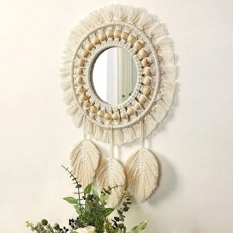 ENLENK Miroir Mural à Franges En Avec Pendentif En Plumes De Perles De Bois Miroir Rond D'art Mural Pour Couloir De Chambre à Coucher Salon Décor à La Maison (Beige) 7 ENLENK Miroir Mural à Franges En Avec Pendentif En Plumes De Perles De Bois Miroir Rond D'art Mural Pour Couloir De Chambre à Coucher Salon Décor à La Maison (Beige) – Image 5