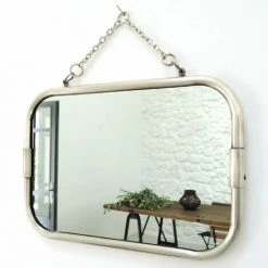 MAISON TILLEUL Miroir De Barbier Rectangulaire En Nickel Argenté Avec Chaîne 28 X 18,5 Cm - Chaumont - Plateado