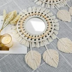 Miroir Mural à Franges En Avec Pendentif En Plumes De Perles De Bois Miroir Rond D'art Mural Pour Couloir De Chambre à Coucher Salon Décor à La Maison (Beige),Tanètue -Miroir Soldes Boutique 67650965 3