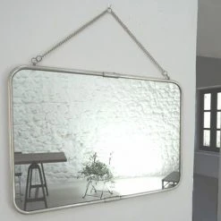MAISON TILLEUL Miroir De Barbier En Laiton Argenté Avec Chaîne 57 X 39 Cm - Chaumont - Plateado