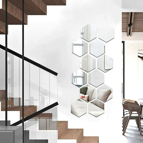 PESCE 12 Pièces Miroir Acrylique Adhésif Autocollant Mural Miroirs Muraux Stickers Salon Chambre Décor TV Fond Décoration (Hexagone, Argent) 4 PESCE 12 Pièces Miroir Acrylique Adhésif Autocollant Mural Miroirs Muraux Stickers Salon Chambre Décor TV Fond Décoration (Hexagone, Argent) – Image 2