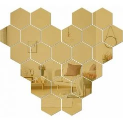 ENLENK Sticker Mural Miroir, 24PCS Autocollant Miroir Amovible DIY Acrylique Décoration Murale Miroir Carrelage Hexagone Miroir Sticker Mural Salon Chambre Miroir (doré, 46*40*23mm)