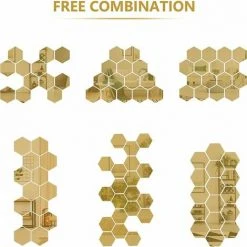 FLYME Sticker Mural Miroir, 24PCS Autocollant Miroir Amovible DIY Acrylique Décoration Murale Miroir Carrelage Hexagone Miroir Sticker Mural Salon Chambre Miroir  (doré, 46*40*23mm) -Miroir Soldes Boutique 68199963 4