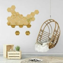 LLOVE Sticker Mural Miroir, 24PCS Autocollant Miroir Amovible DIY Acrylique Décoration Murale Miroir Carrelage Hexagone Miroir Sticker Mural Salon Chambre Miroir  (doré, 46*40*23mm) -Miroir Soldes Boutique 68201911 3