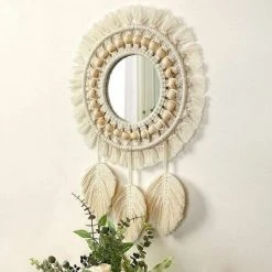 QERSTA Miroir Mural à Franges En  Avec Pendentif En Plumes De Perles De Bois Miroir Rond D'art Mural Pour Couloir De Chambre à Coucher Salon Décor à La Maison (Beige) -Miroir Soldes Boutique 68271504 5